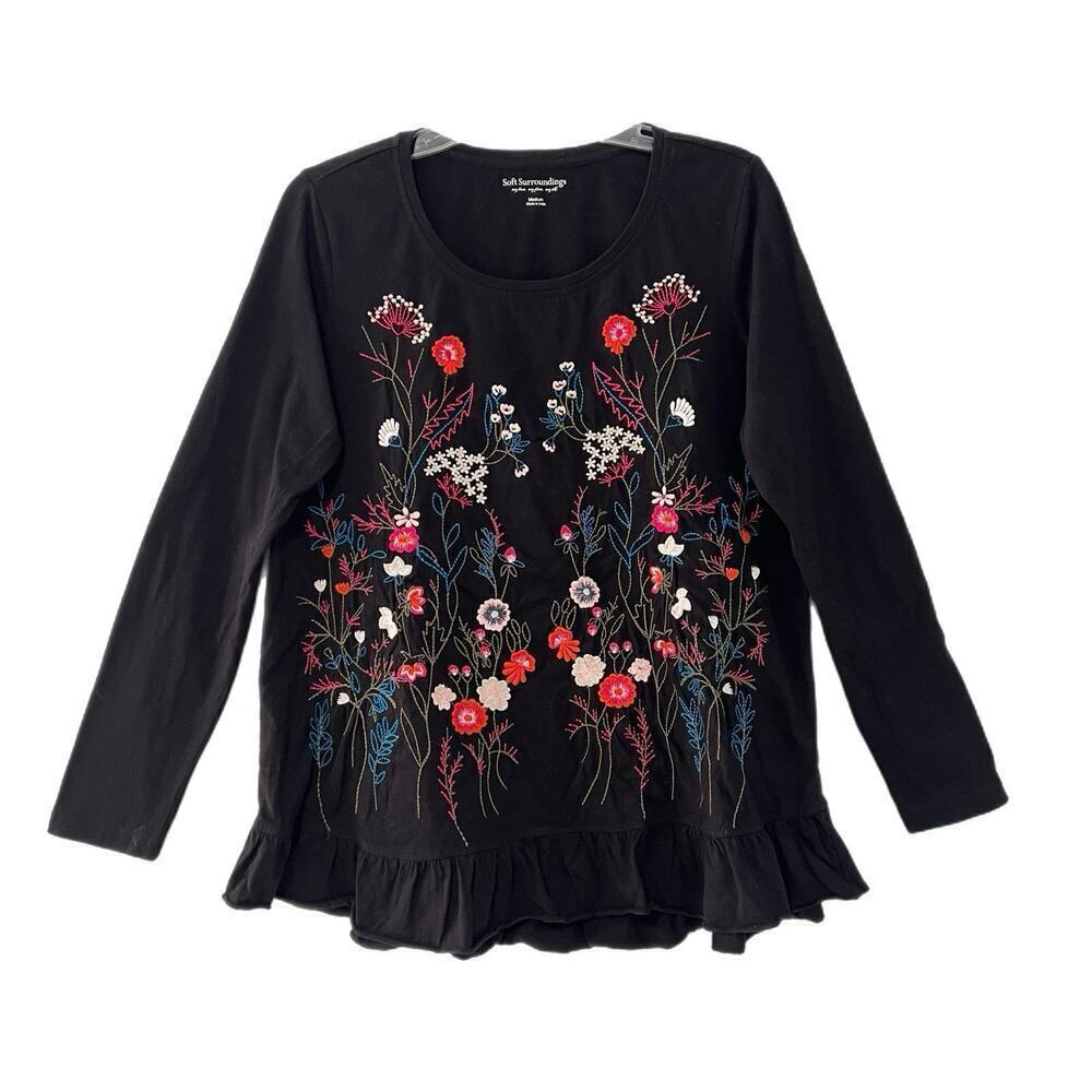 Soft Surroundings Boho Top Womens Size M Black Floral Embroidered Long Sleeves
